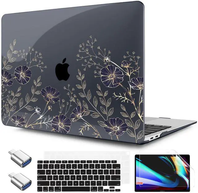 Main image of TWOLSKOO for MacBook Air 13.3 inch Case 2021 2020 2019 2018 Release M1 A2337 A2179 A1932 with Touch ID, Plastic Hard Shell Case & Keyboard Cover & Type C Adapter, Golden Flowers
