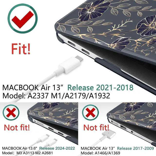 Alt view image 2 of 5 - TWOLSKOO for MacBook Air 13.3 inch Case 2021 2020 2019 2018 Release M1 A2337 A2179 A1932 with Touch ID, Plastic Hard Shell Case & Keyboard Cover & Type C Adapter, Golden Flowers