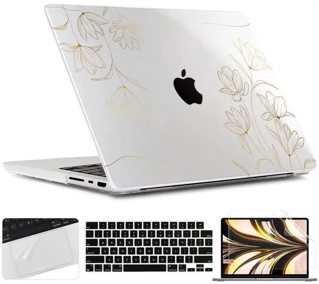 Main image of TWOLSKOO Compatible with M4 MacBook Pro 14 inch Case 2024-2021 Release Chip Models M4 M3 M2 M1 Pro Max, Plastic Hard Shell & Keyboard Cover & Trackpad Film & Screen Protector, Golden Floral