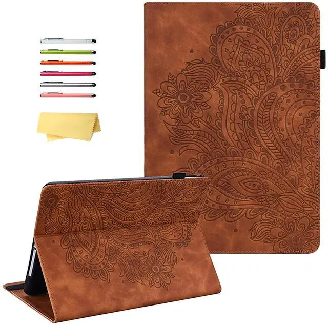 Main image of UUcovers for Kindle Fire HD 10 Case 9th/7th/5th Generation 10.1 Inch (2019/2017/2015) with Pencil Holder/Elastic Band/Stand/Magnetic Folio Embossed PU Leather Shockproof Cover, Brown Peacock Flower