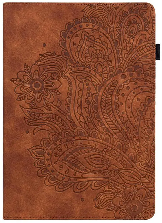 Alt view image 3 of 5 - UUcovers for Kindle Fire HD 10 Case 9th/7th/5th Generation 10.1 Inch (2019/2017/2015) with Pencil Holder/Elastic Band/Stand/Magnetic Folio Embossed PU Leather Shockproof Cover, Brown Peacock Flower
