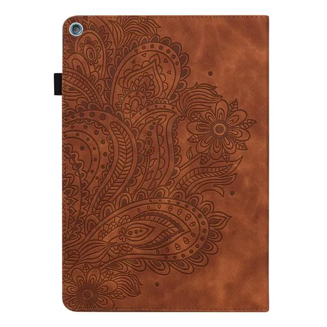 Alt view image 5 of 5 - UUcovers for Kindle Fire HD 10 Case 9th/7th/5th Generation 10.1 Inch (2019/2017/2015) with Pencil Holder/Elastic Band/Stand/Magnetic Folio Embossed PU Leather Shockproof Cover, Brown Peacock Flower