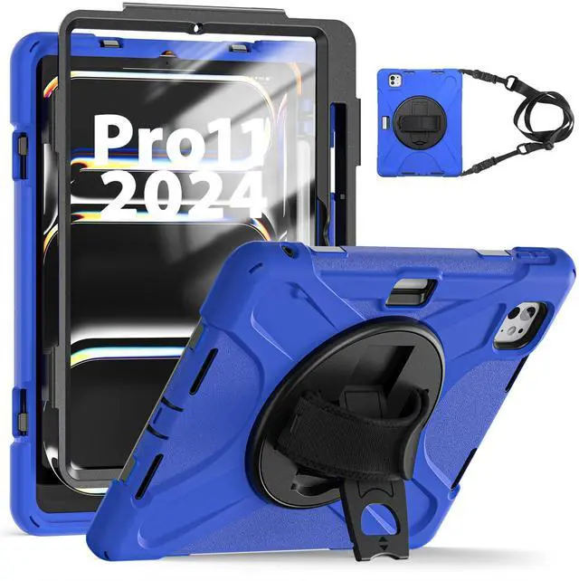 Main image of TSQQST Case for iPad Pro 11 Inch 2024 (5th Gen) with Screen Protector, Heavy Duty Rugged Proective Case Cover with Shoulder Strap/Pencil Holder/Handle/Rotating Stand, Blue