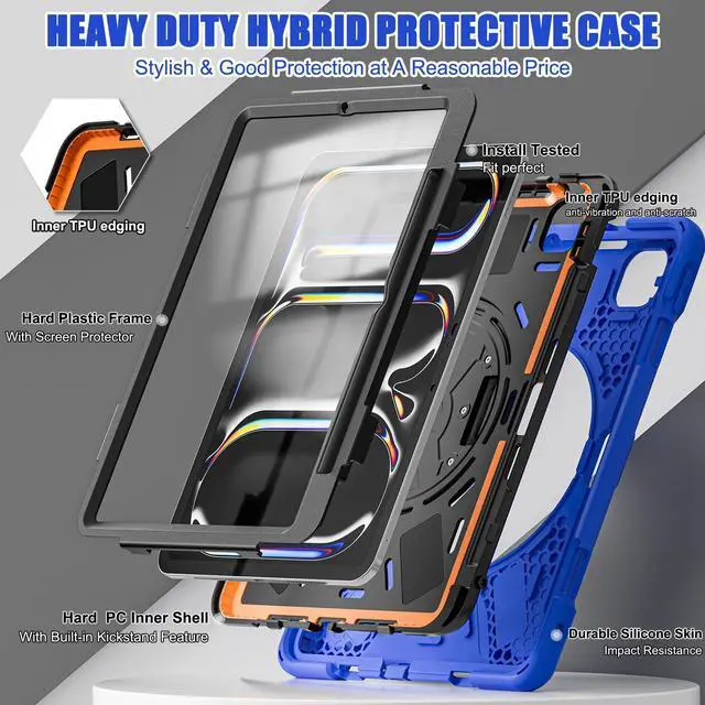 Alt view image 3 of 5 - TSQQST Case for iPad Pro 11 Inch 2024 (5th Gen) with Screen Protector, Heavy Duty Rugged Proective Case Cover with Shoulder Strap/Pencil Holder/Handle/Rotating Stand, Blue