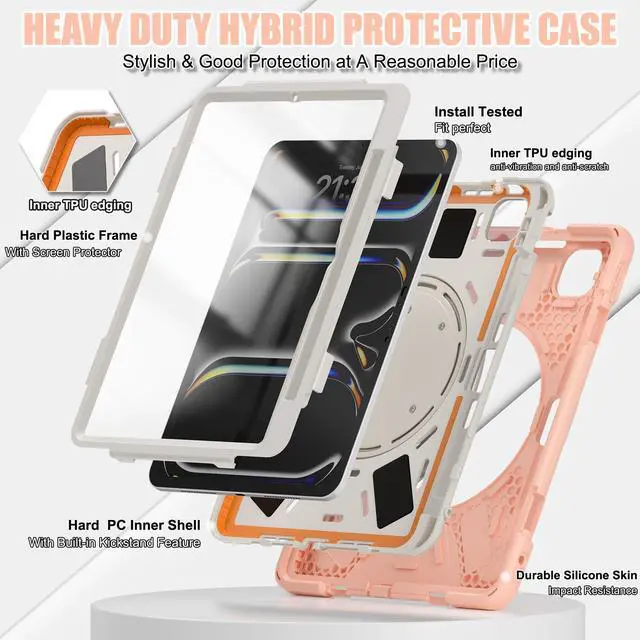 Alt view image 2 of 4 - TSQQST iPad Pro 11 inch Case - 2024 5th Gen, Shockproof Protective Case with Pencil Holder & Screen Protector, 360deg Rotate Stand, Gold