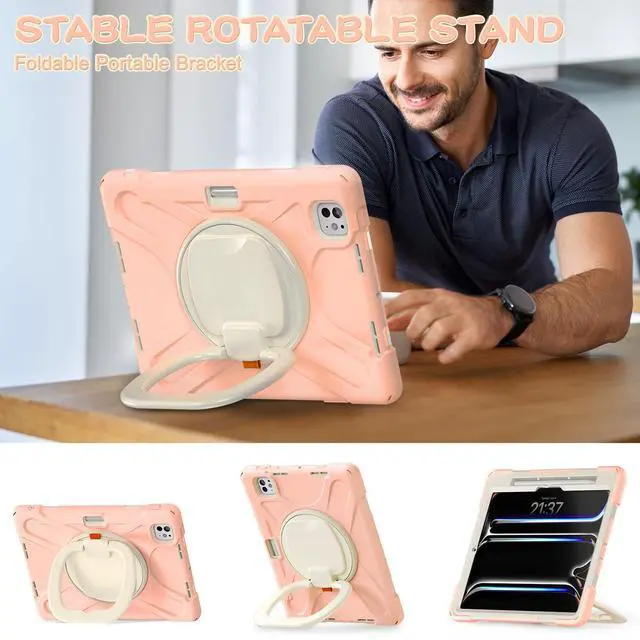 Alt view image 3 of 4 - TSQQST iPad Pro 11 inch Case - 2024 5th Gen, Shockproof Protective Case with Pencil Holder & Screen Protector, 360deg Rotate Stand, Gold
