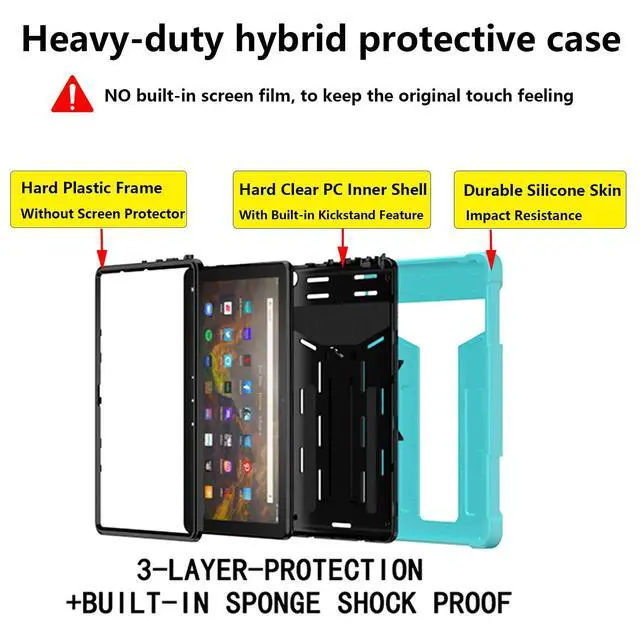 Alt view image 4 of 5 - UUcovers Kindle Fire HD 10 & 10 Plus 10.1" Tablet Case (Only Fits 11th Generation, 2021 Release) with Kickstand Shockproof 3 in 1 Heavy Duty Rugged Hybrid Hard PC & Soft Silicone Cover, Aqua & Black