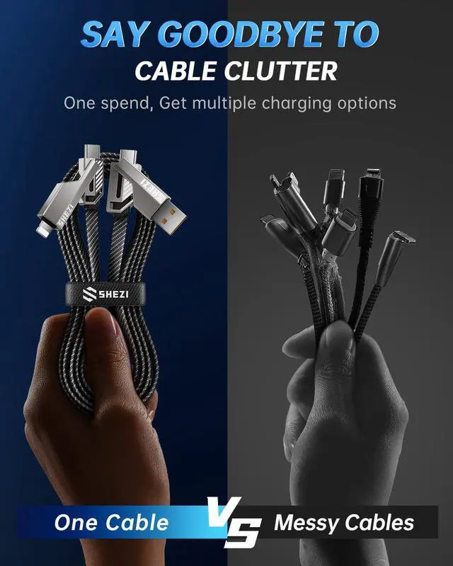 Alt view image 3 of 5 - Vexipia 4-in-1 USB C Cable 100W 3FT Lightning Cable Fast Charging Flat Nylon Braided for iPhone iPad Charger Cord [480Mbps Data Sync] Multi Charge Cable Combo with Lightning/Type C/USB A Port