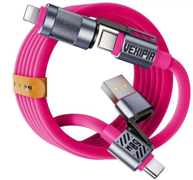 Main image of Vexipia 4 in 1 USB C Cable 60W 5FT Fast Charging & Data Transfer, Thicker Silicone Multi Charger Cord for iPhone iPad Charger Wire Combo with L/Type C/USB A for iPhone 16/15/Macbook (Pink)