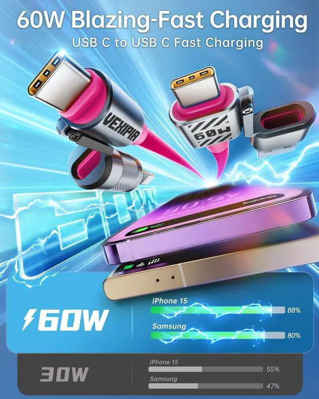 Alt view image 3 of 5 - Vexipia 4 in 1 USB C Cable 60W 5FT Fast Charging & Data Transfer, Thicker Silicone Multi Charger Cord for iPhone iPad Charger Wire Combo with L/Type C/USB A for iPhone 16/15/Macbook (Pink)