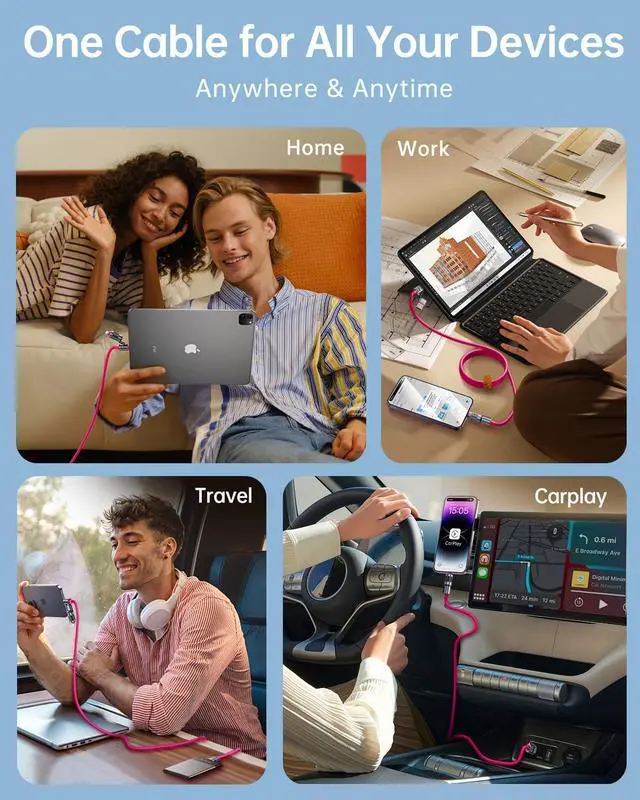 Alt view image 5 of 5 - Vexipia 4 in 1 USB C Cable 60W 5FT Fast Charging & Data Transfer, Thicker Silicone Multi Charger Cord for iPhone iPad Charger Wire Combo with L/Type C/USB A for iPhone 16/15/Macbook (Pink)