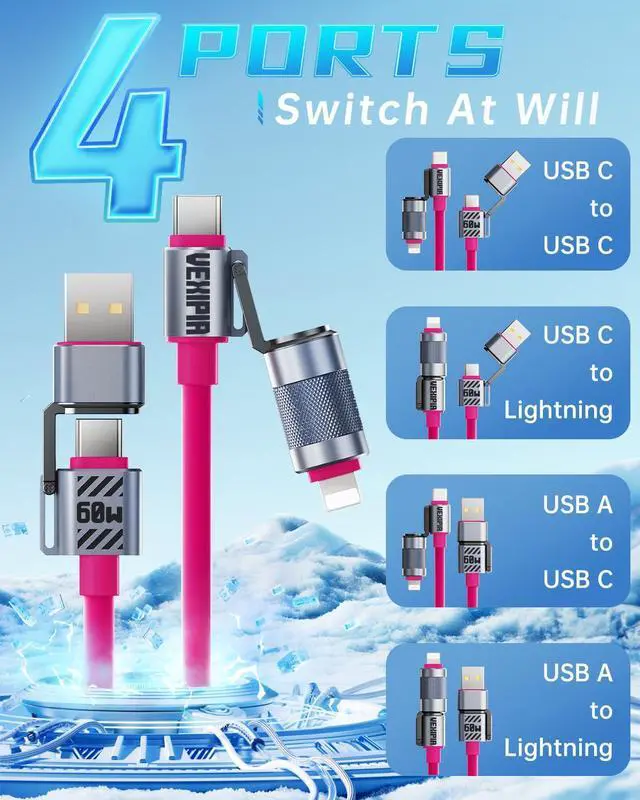 Alt view image 2 of 5 - Vexipia 4 in 1 USB C Cable 60W 5FT Fast Charging & Data Transfer, Thicker Silicone Multi Charger Cord for iPhone iPad Charger Wire Combo with L/Type C/USB A for iPhone 16/15/Macbook (Pink)