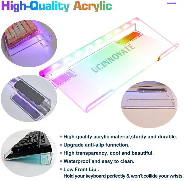 Alt view image 2 of 5 - UCINNOVATE Dreamcolor Acrylic Computer Keyboard Stand, LED Backlit Keyboard Stand Tray, 60% Gaming Keyboard USB Interface Titled Keyboard Stand for Easy Ergonomic Typing and Working Office Desk, Home