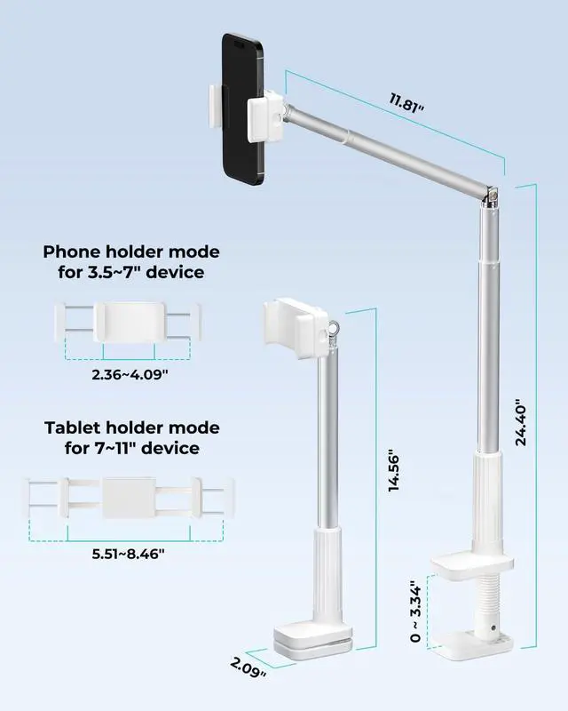 Alt view image 4 of 5 - Viozon Tablet Holder Stand, Phone/Kindle Holder with Flexible Aluminum Alloy Long Arm, C Clamp for Headboard Bedside&Table, Compatible with 3.5-11" iPad,Kindle, iPhone 15 14 Plus/Pro Max,W