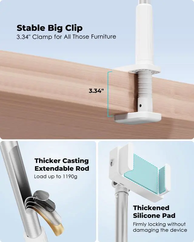 Alt view image 5 of 5 - Viozon Tablet Holder Stand, Phone/Kindle Holder with Flexible Aluminum Alloy Long Arm, C Clamp for Headboard Bedside&Table, Compatible with 3.5-11" iPad,Kindle, iPhone 15 14 Plus/Pro Max,W