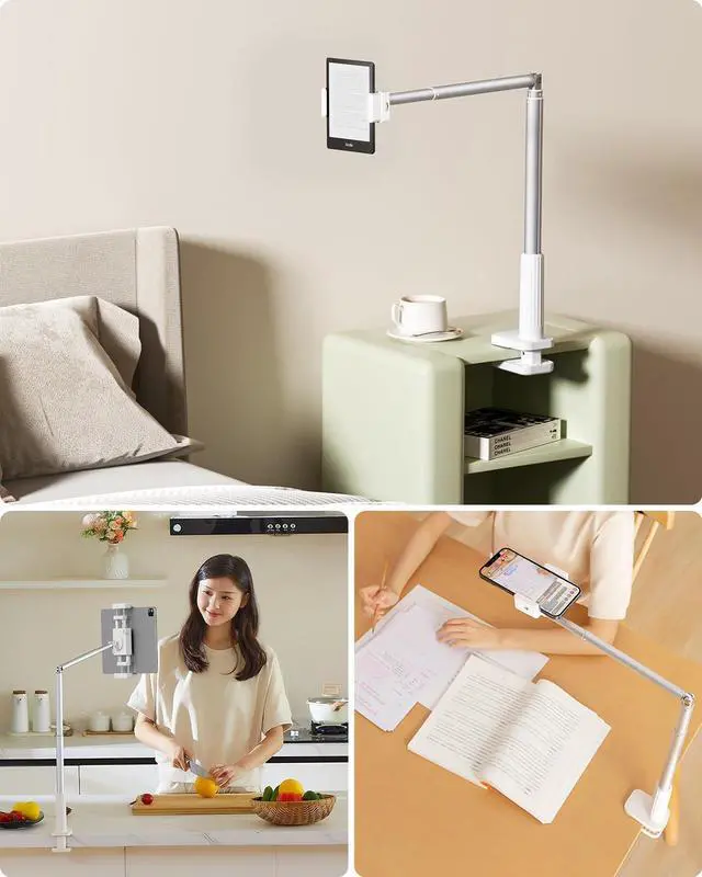 Alt view image 2 of 5 - Viozon Tablet Holder Stand, Phone/Kindle Holder with Flexible Aluminum Alloy Long Arm, C Clamp for Headboard Bedside&Table, Compatible with 3.5-11" iPad,Kindle, iPhone 15 14 Plus/Pro Max,W