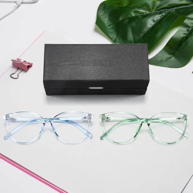 Alt view image 2 of 5 - VIPBEST Blue Light Blocking Glasses for Women Men Round Cat Eye Womens Blue Light Glasses 2 Pack Blue/Green