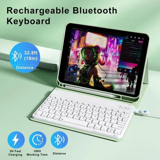 Alt view image 3 of 5 - SZPSGC for iPad (A16) 11th/10th Generation Case with Keyboard, 11 Inch/10.9 Inch iPad (2025/2022), Detachable Wireless Bluetooth Keyboard, Stand Folio Cover with Pencil Holder, Green