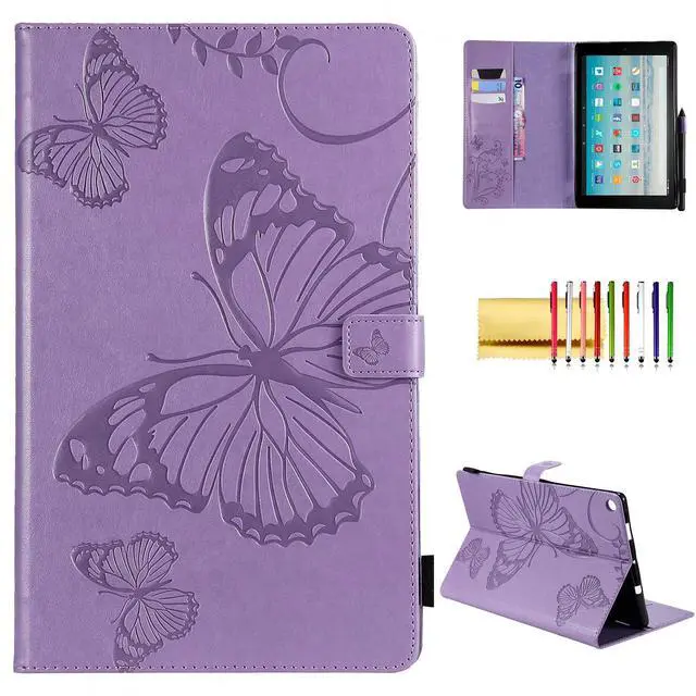 Main image of Case for Fire HD 10 Tablet, Techcircle Butterfly Embossed Slim Folding Stand Cover with Credit Card/Cash Holder Case for Amazon Fire HD 10.1" 5th/7th/9th Generation-2015/2017/2019 Release, Lavender