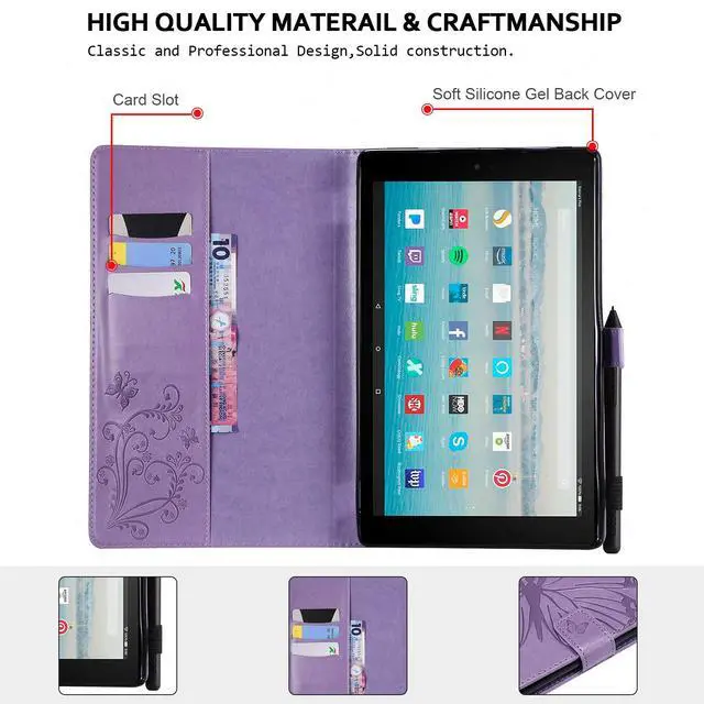 Alt view image 3 of 5 - Case for Fire HD 10 Tablet, Techcircle Butterfly Embossed Slim Folding Stand Cover with Credit Card/Cash Holder Case for Amazon Fire HD 10.1" 5th/7th/9th Generation-2015/2017/2019 Release, Lavender