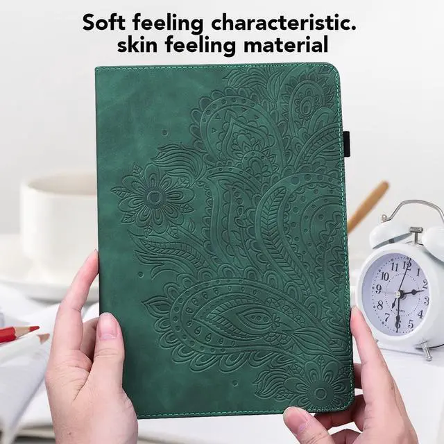 Alt view image 3 of 5 - VODEFOX Kindle Fire HD 8 8th/7th/6th Generation Case 2016/2017/2018,Embossed Peacock Flower PU Leather Folio Wallet Shockproof Cover with Elastic Band - Green