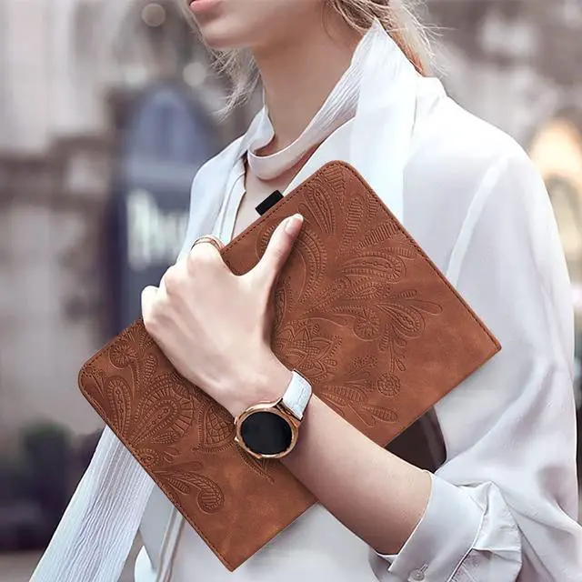 Alt view image 4 of 5 - VODEFOX  Kindle Fire HD 8 8th/7th/6th Generation Case 2016/2017/2018,Embossed Lace Flower Pattern PU Leather Folio Wallet Shockproof Cover with Pen Holder Elastic Band - Brown