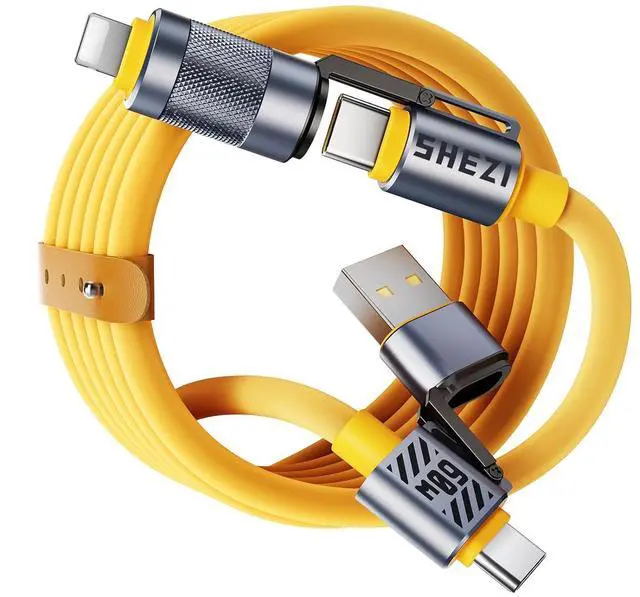 Main image of Vexipia 4 in 1 USB C Cable Lightning Cable,60W Fast Charging & Data Transfer,iPhone iPad Charger Cord with Lightning/Type C/USB A for iPhone 16/15/Macbook,IPad,5FT Yellow [SHEZI Series]