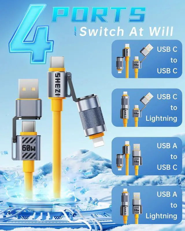 Alt view image 2 of 5 - Vexipia 4 in 1 USB C Cable Lightning Cable,60W Fast Charging & Data Transfer,iPhone iPad Charger Cord with Lightning/Type C/USB A for iPhone 16/15/Macbook,IPad,5FT Yellow [SHEZI Series]