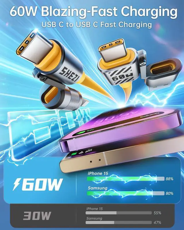 Alt view image 3 of 5 - Vexipia 4 in 1 USB C Cable Lightning Cable,60W Fast Charging & Data Transfer,iPhone iPad Charger Cord with Lightning/Type C/USB A for iPhone 16/15/Macbook,IPad,5FT Yellow [SHEZI Series]