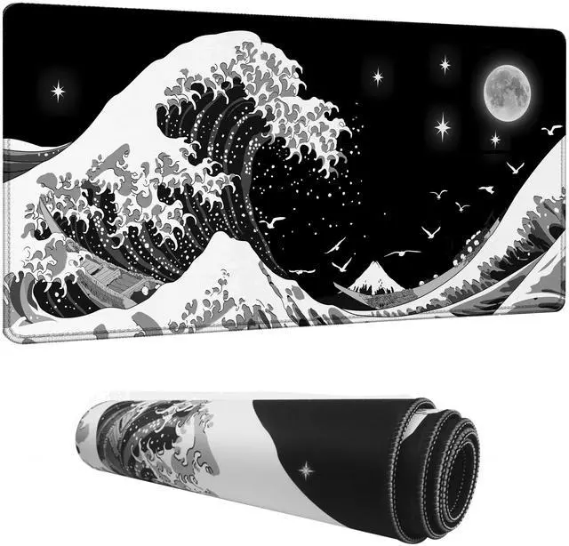 Alt view image 2 of 5 - Viorichve Gaming Mouse Pad Japanese Black and White Sea Wave Large XXL Mouse Pad Extended Big Desk Mat 34.65" x 15.7" Keyboard Laptop Computer Mousepad for Home Office Gaming Work