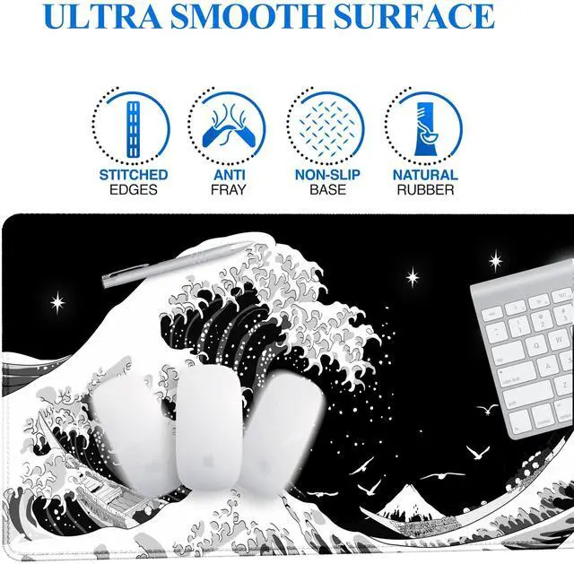 Alt view image 3 of 5 - Viorichve Gaming Mouse Pad Japanese Black and White Sea Wave Large XXL Mouse Pad Extended Big Desk Mat 34.65" x 15.7" Keyboard Laptop Computer Mousepad for Home Office Gaming Work