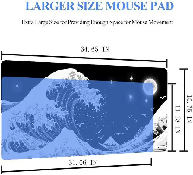 Alt view image 4 of 5 - Viorichve Gaming Mouse Pad Japanese Black and White Sea Wave Large XXL Mouse Pad Extended Big Desk Mat 34.65" x 15.7" Keyboard Laptop Computer Mousepad for Home Office Gaming Work