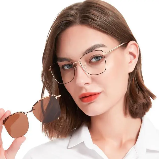 Main image of WEMOOTANTS Blue Light Blocking Glasses for Women with Polarized Sunglasses Clip for Driving, Metal Computer Glasses, Leopard Brown Eyeglasses