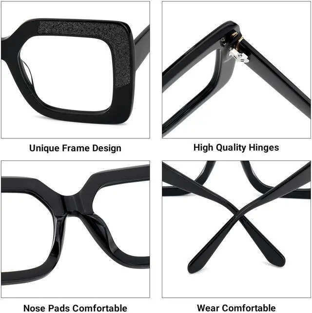 Alt view image 3 of 5 - VOOGLAM Oversize Square Women's Non-Prescription Glasses with HD Clear Lenses in Black Acetate Frame