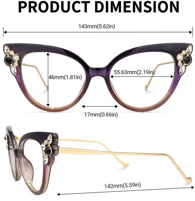 Alt view image 3 of 5 - VOOGLAM Rhinestone Square Women's Non Prescription Glasses with HD Clear Lenses in Purple Mixed Frame