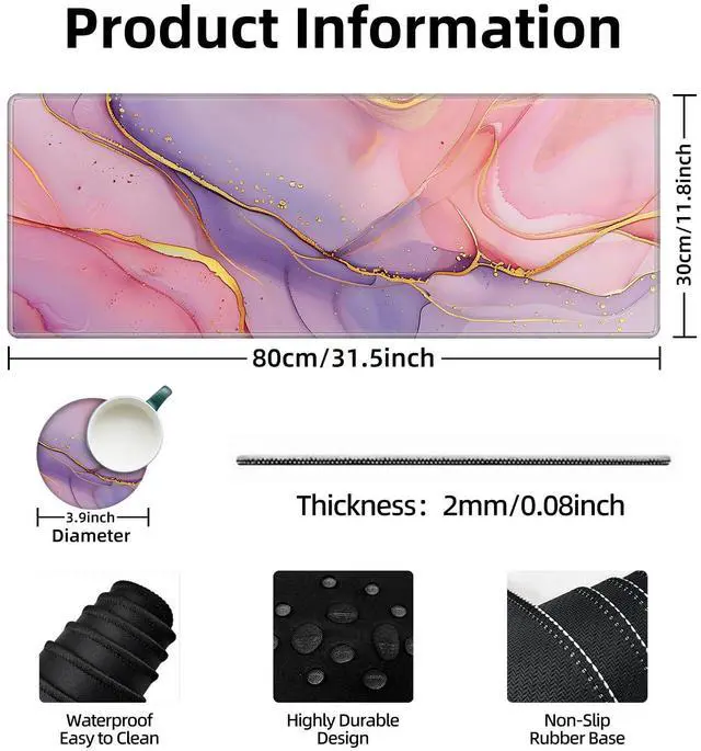 Alt view image 3 of 5 - Tudguiloae Large Gaming Mouse Pad with Coaster Edge Stitching Pink Gold Marble Keyboard Mouse Mat for Desk Household Extended Desktop Long Mouse Pad Polyester Surface and Non-Slip Rubber Base