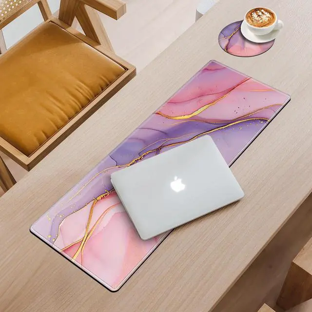 Alt view image 2 of 5 - Tudguiloae Large Gaming Mouse Pad with Coaster Edge Stitching Pink Gold Marble Keyboard Mouse Mat for Desk Household Extended Desktop Long Mouse Pad Polyester Surface and Non-Slip Rubber Base