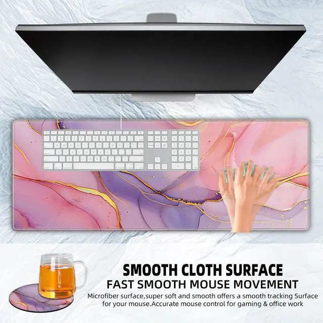 Alt view image 4 of 5 - Tudguiloae Large Gaming Mouse Pad with Coaster Edge Stitching Pink Gold Marble Keyboard Mouse Mat for Desk Household Extended Desktop Long Mouse Pad Polyester Surface and Non-Slip Rubber Base