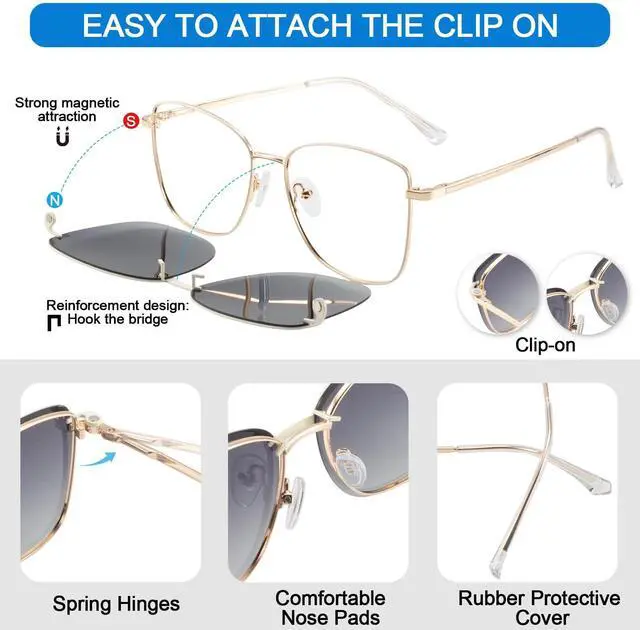 Alt view image 2 of 5 - WEMOOTANTS Blue Light Blocking Glasses for Women with Polarized Sunglasses Clip for Driving, Metal White Glasses for Gaming