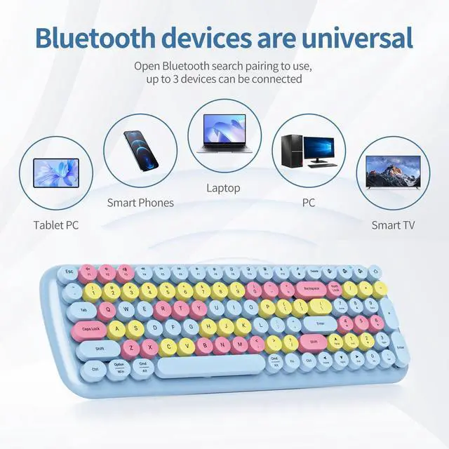Alt view image 2 of 5 - Owpkeenthy Retro Round Keys Bluetooth Wireless Keyboard,100-Key Typewriter Cute Colorful Compact Keyboard for iPad, Laptop, PC, Mac, Smartphone, Connect up to 3 Bluetooth Devices(Blue)