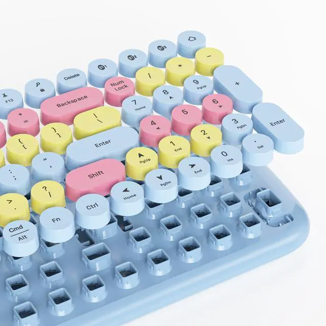 Alt view image 3 of 5 - Owpkeenthy Retro Round Keys Bluetooth Wireless Keyboard,100-Key Typewriter Cute Colorful Compact Keyboard for iPad, Laptop, PC, Mac, Smartphone, Connect up to 3 Bluetooth Devices(Blue)