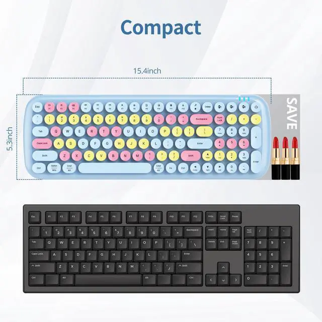Alt view image 5 of 5 - Owpkeenthy Retro Round Keys Bluetooth Wireless Keyboard,100-Key Typewriter Cute Colorful Compact Keyboard for iPad, Laptop, PC, Mac, Smartphone, Connect up to 3 Bluetooth Devices(Blue)