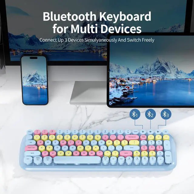 Alt view image 4 of 5 - Owpkeenthy Retro Round Keys Bluetooth Wireless Keyboard,100-Key Typewriter Cute Colorful Compact Keyboard for iPad, Laptop, PC, Mac, Smartphone, Connect up to 3 Bluetooth Devices(Blue)