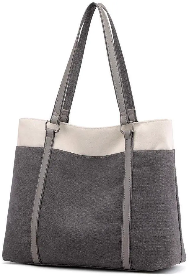 Main image of Wxnow Canvas Tote Bag fof Women, Retro Canvas Tote 15.6 inch Work Shoulder Bags Casual Briefcase Handbag for Travel Office (C-Light grey)