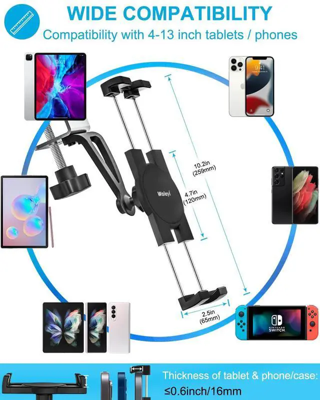 Alt view image 5 of 5 - woleyi Kitchen Cabinet Tablet Mount, Easy-Install Under Cabinet Tablet Clamp Holder Stand for iPad Pro/Air/Mini, Galaxy Tab/Z Fold, Fire HD, Surface Pro, Switch, iPhone, 4-13" Cell Phones and Tablets