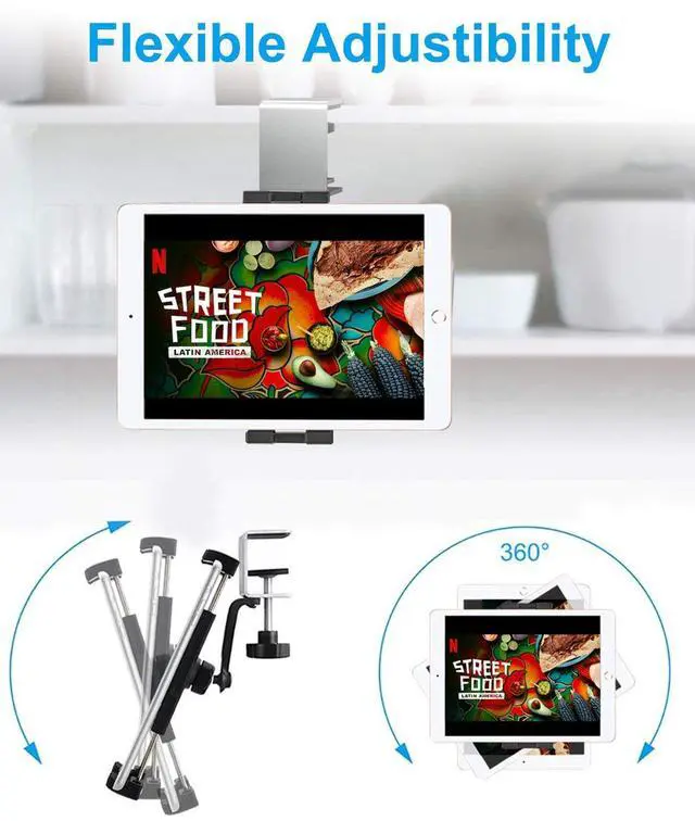 Alt view image 4 of 5 - woleyi Kitchen Cabinet Tablet Mount, Easy-Install Under Cabinet Tablet Clamp Holder Stand for iPad Pro/Air/Mini, Galaxy Tab/Z Fold, Fire HD, Surface Pro, Switch, iPhone, 4-13" Cell Phones and Tablets