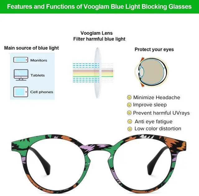 Alt view image 5 of 5 - VOOGLAM Blue Light Glasses for Women Round Gaming Glasses Anti Eyestrain Dry Eyes UV Computer Phone TV Eyewear Fashion Minnie Green GJGT000271-18 Trend