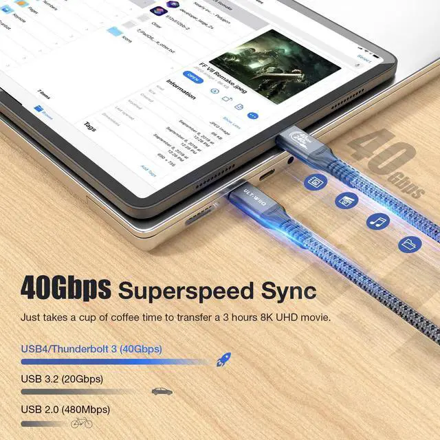 Alt view image 4 of 5 - 6.6FT USB4 Cable for Thunderbolt 4, 240W USB C to USB C Fast Charging, 8K/6K@60Hz Video and Power, PD 3.1 Monitor Display, 40Gbps High Speed Data Transfer, Cable for iPhone 16/Samsung Series