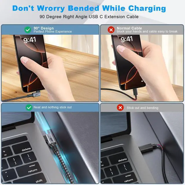 Alt view image 4 of 5 - Vorothin USB C Extension Cable 3FT 5-Pack, Type-C Extender Cord Right Angle, USBC Male to Female Cable 10Gbps 100W PD 4K Video Compatible With iPhone 16/15,PSVR2,MacBook,iPad,Dell Xps,Portable Monitor