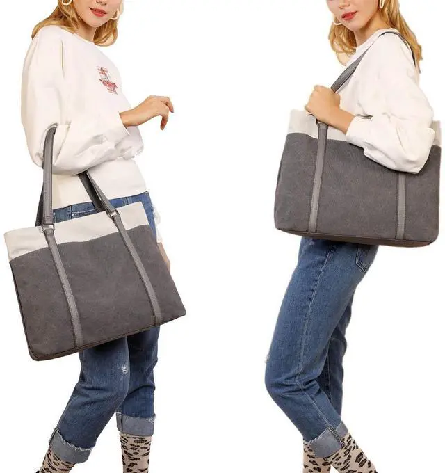 Alt view image 5 of 5 - Wxnow Canvas Tote Bag fof Women, Retro Canvas Tote 15.6 inch Work Shoulder Bags Casual Briefcase Handbag for Travel Office (C-Light grey)